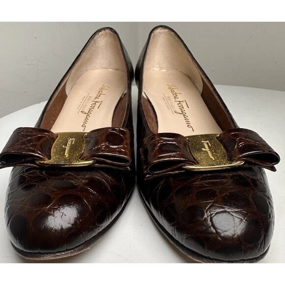 Vtg 90’s Salvatore Ferragamo Brown Calf Croc Leather Gold Bow Vara Shoes Sz 8 B - Picture 9 of 16